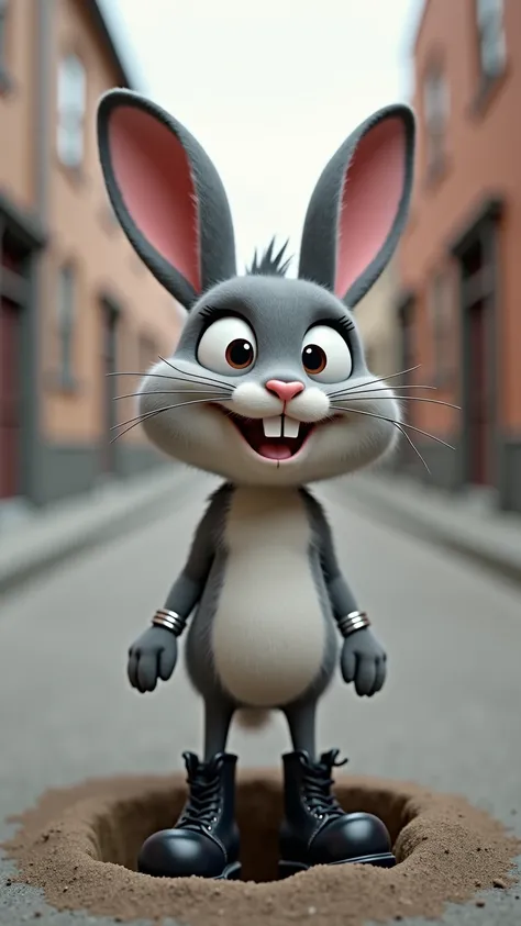 The image shows a deserted street with slightly blurred, photorealistic buildings. On the side of the street, a cartoonish, funny, and cute rabbit is emerging from a burrow. The rabbit stands on two legs, and its height reaches approximately up to a humans...