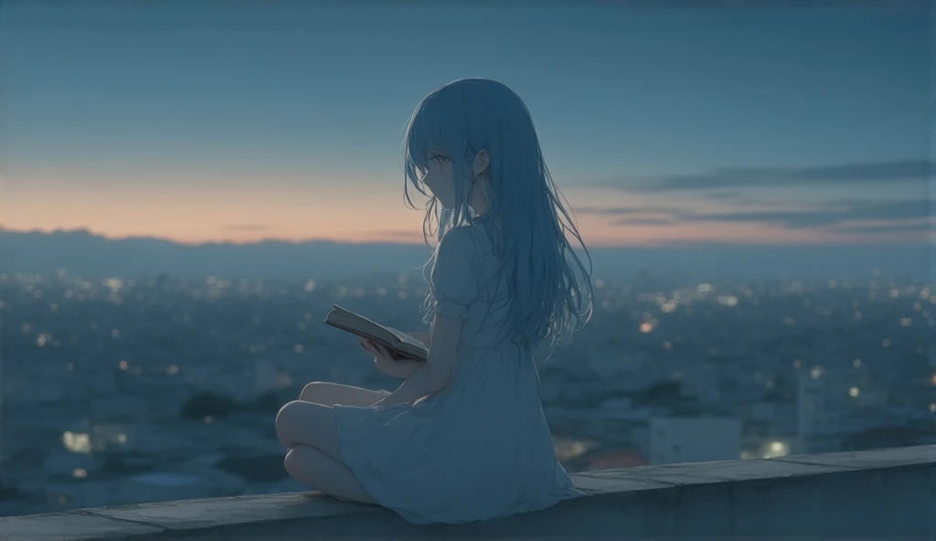  Girl with long hair**:  An anime girl with bright blue hair ,  sits on the edge of the roof high above the city .  She is wearing a light summer dress ,  her hair flutters in the wind .  She holds a book in her hands ,  and behind her at sunset you can se...