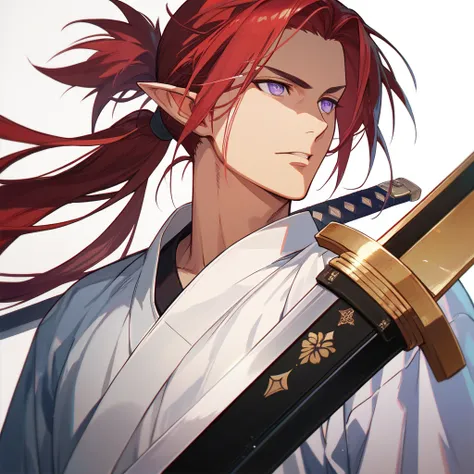 Long hair, Violet eyes,  horse face,  ponytail, Straight hair, bitter brow ,  men, Red hair,  wearing a wide-necked shirt,  White Shirt , Pointed ears,  masterpiece,  samurai sword swords are anatomically correct, precise,  Details,  Simple Background