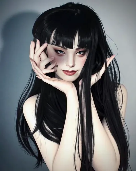 Extremely beautiful Asian woman with extremely long hair demon with horns, full body black demon wings and tail , realistic oil painting
