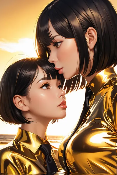  Mom and daughter , in extremely tight shiny golden latex blouse buttoned,  high resolution ,  masterpiece,  black hair, Lens reflection, Reflected light, portrait, Necktie, bob cut, kiss, are on the beach 