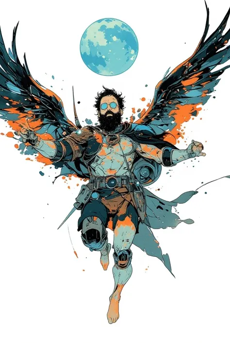 
 white background, A man with wings and glasses ,  watercolor moon in the background , wearing knights clothing ,  a sturdy man with a striking black beard , hairy chest, flying barefoot , Fat man,. poster art, Screen printing,  comic book style from Marv...