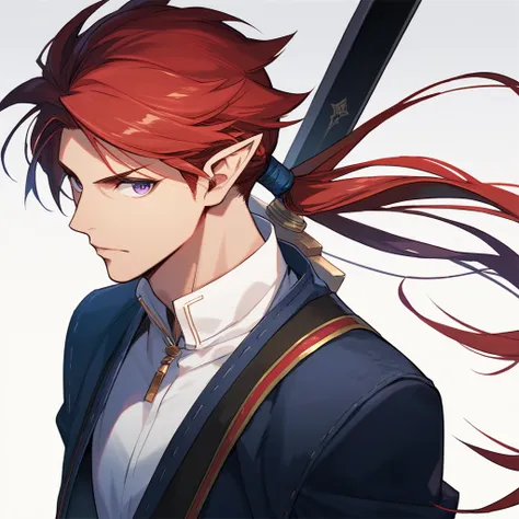 Long hair, Violet eyes,  horse face,  ponytail, Straight hair, shut your mouth,  bitter brow ,  men, Red hair,  wearing a wide-necked shirt,  White Shirt , Pointed ears,  masterpiece,  samurai sword swords are anatomically correct, precise,  Details,  Simp...