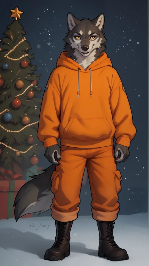 (zPDXL2), (PonyXLV6_Scores), Expressiveh, full body shot, BREAK
lhata4564, d3t41l3d, 
Furry, anthro, standing, solo, full body, (Wolf, black fur), ((wearing orange hoodie, orange cargo pants) , (black high boots)), smiling, Christmas background,, Winter Ch...