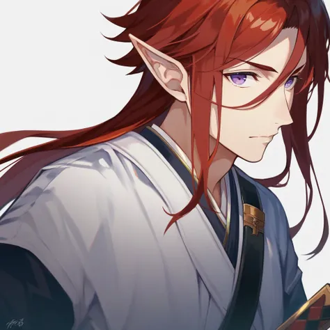 Long hair, Violet eyes,  horse face,  horse faceเบี่ยงข้าง, Straight hair, shut your mouth,  bitter brow ,  men, Red hair,  wearing a wide-necked shirt,  White Shirt , Pointed ears,  masterpiece,  samurai sword swords are anatomically correct, precise,  De...