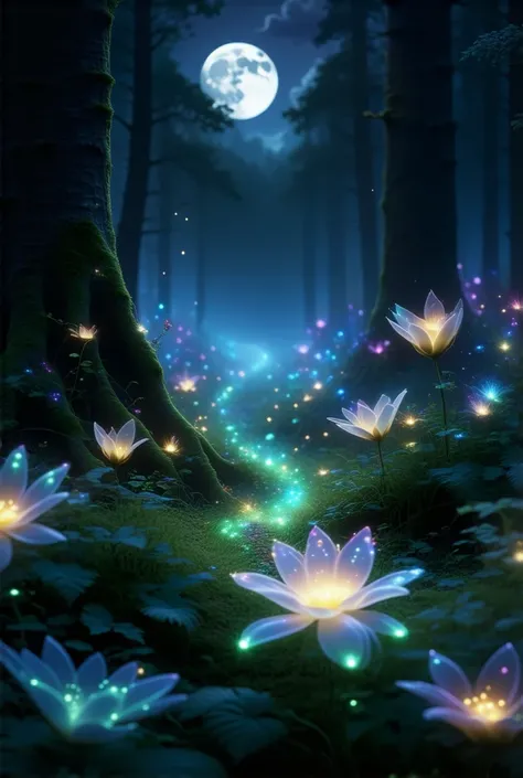  Tiny little fairies illuminate the forest with a wake of light that they leave in their wake.  The forest has bioluminescent flowers of many colors . The sky is black and with a full Moon with some cloud . 