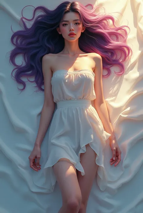 I want her when she is lying down, and I want her hair to be a different color, wearing a skirt, and extending from head to toe, and I want another hairstyle. 