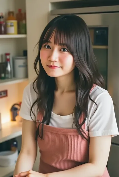 (((Wearing an apron:1.5))),composition  ,(((Shooting in the kitchen:1.4))),  high image quality , 32K,    highly accurate anatomy  , masterpiece,  realistic,   very detailed,    photo volume release  ,   nothing , ((  cute pose :1.4,  looks up at the  ,  C...