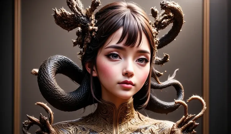 a cute anime girl with snakes, fantasy new year scene, detailed facial features, beautiful long hair, elegant dress, snakes coiled around her arms and shoulders, colorful fantasy landscape background, 8k, cinematic lighting, vivid colors, intricate details...