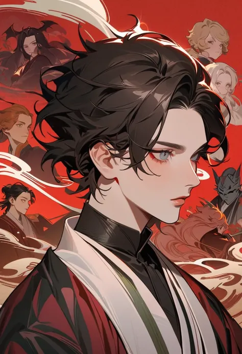 a close up of a person in a red coat with a red background, beautiful androgynous prince, handsome guy in demon slayer art, delicate androgynous prince, handsome japanese demon boy, inspired by Yanjun Cheng, jc leyendecker and sachin teng, alphonse mucha a...