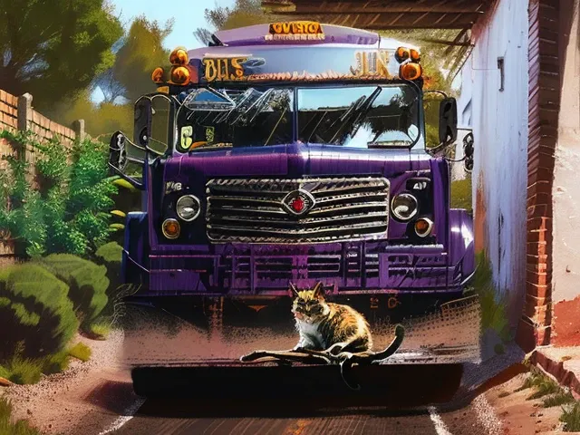 purple and white school bus parked in a garage with a cat, front profile shot, frontal shot, front shot, bus, front side, purple, front face, full frontal shot, front side view, ((purple)), front-view, chrome body, purple body, front profile, medium wide f...