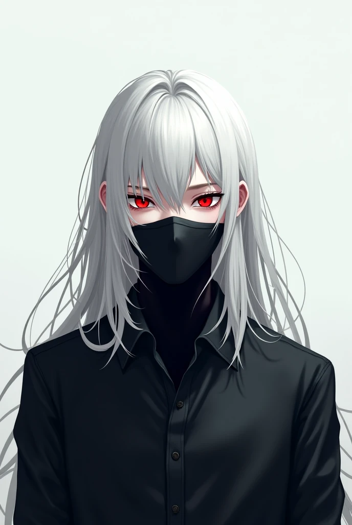 An anime man with long white hair with pale skin tone and red eyes with a dark blouse covering his mouth 