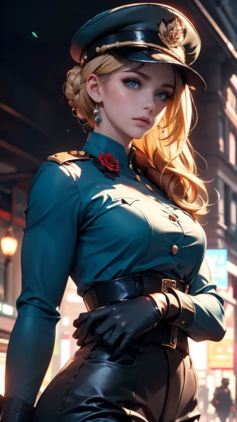 masterpiece, Highest quality, (alone focus), (Perfect Face:1.1), (High detail:1.1),dramatic, 1 woman (Pale skin), blonde hair, low chignon bun, asymmetric hair, teal eyes, wearing military blouse, (black military outfit, peaked cap), bokeh, dynamic angle, ...