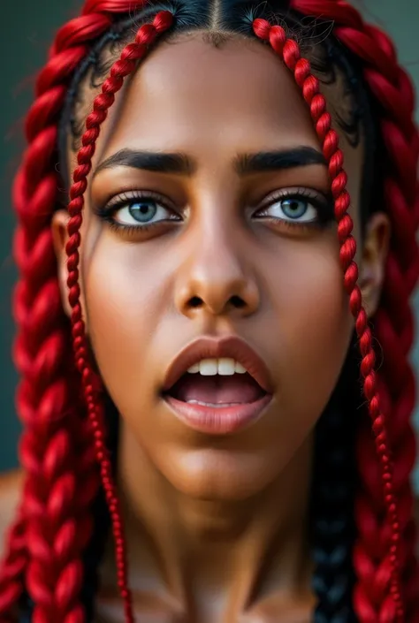 photo of a womans face, she is in shock, red braids