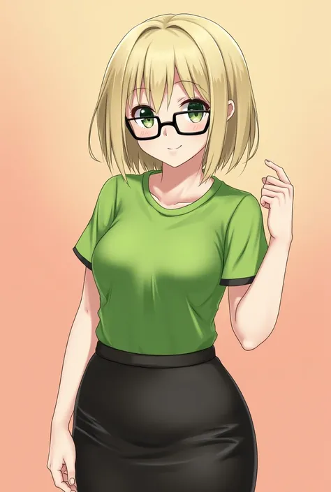 girl, chubby girl, plump girl, blonde, short hair, open forehead, no bangs, green eyes, black square-framed glasses, green top, short top, short T-shirt, pencil skirt, short skirt, tight skirt, leather skirt,Краснеющий, закрытый рот