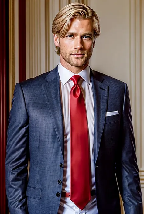 Beautiful blond handsome president wearing suit, white shirt and red tie