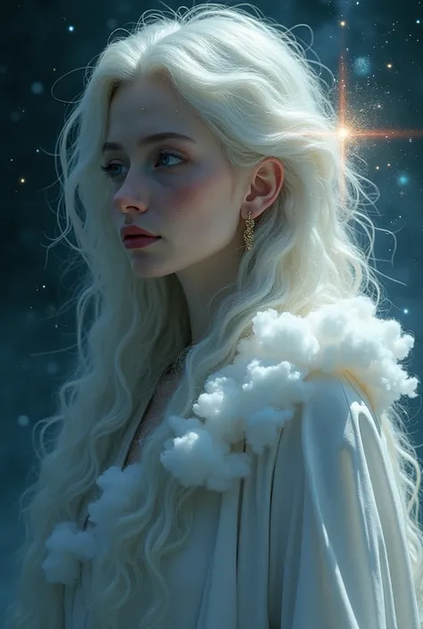  Create a high-resolution image of a human-like female being in the dark fantasy style, What came to Earth from space ,  consists of stars and stardust ,  does it take on its human form through clouds .  It looks very majestic and powerful .  The long hair...