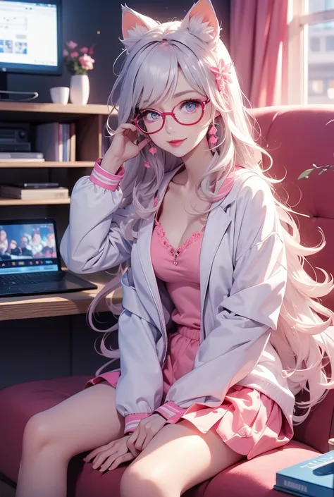  in the broadcast room in front of her are pink computers on a pink desk. She is sitting on a pink sofa wearing makeup, red lips and red cheeks. She is an anime girl with long wavy white hair decorated with cute accessories. She has white cat ears, small w...