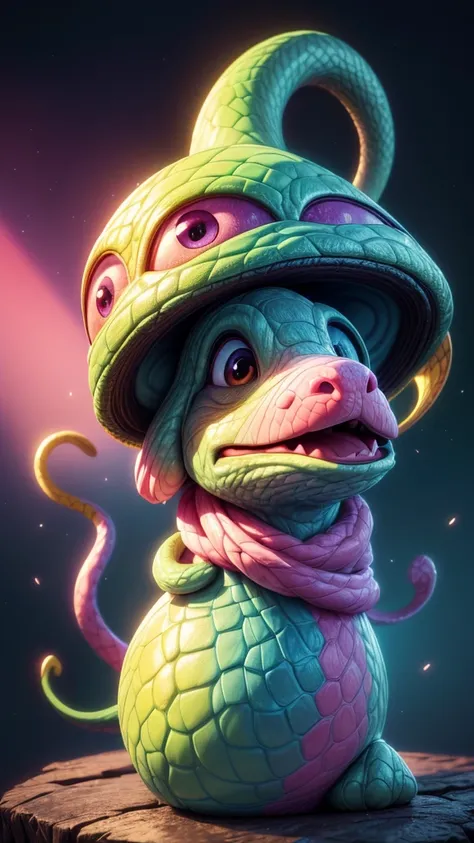 A cute snake wearing a party hat, colorful abstract fantasy landscape, 3D render, (best quality,4k,8k,highres,masterpiece:1.2),ultra-detailed,(realistic,photorealistic,photo-realistic:1.37),HDR,UHD,vivid colors,surreal,whimsical,fantasy art,digital paintin...