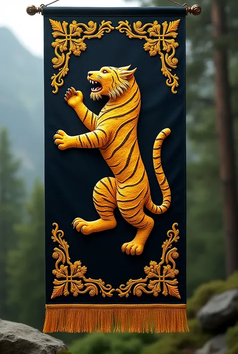 tail banner with embroidered tiger symbol with embroidered details in golden yellow