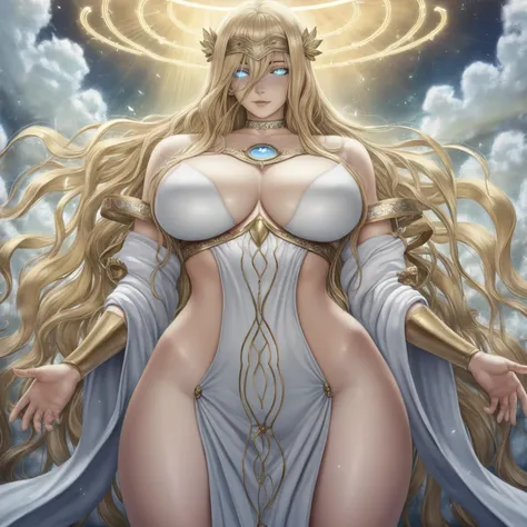 Illustrioussciamano, masterpiece, best quality, high quality, absurdres BREAK
1girl, solo, full-body, angelic woman, goddess, divine beauty, ethereal presence, long flowing golden hair with super long bangs, melancholic and kind bright blue eyes, glowing e...