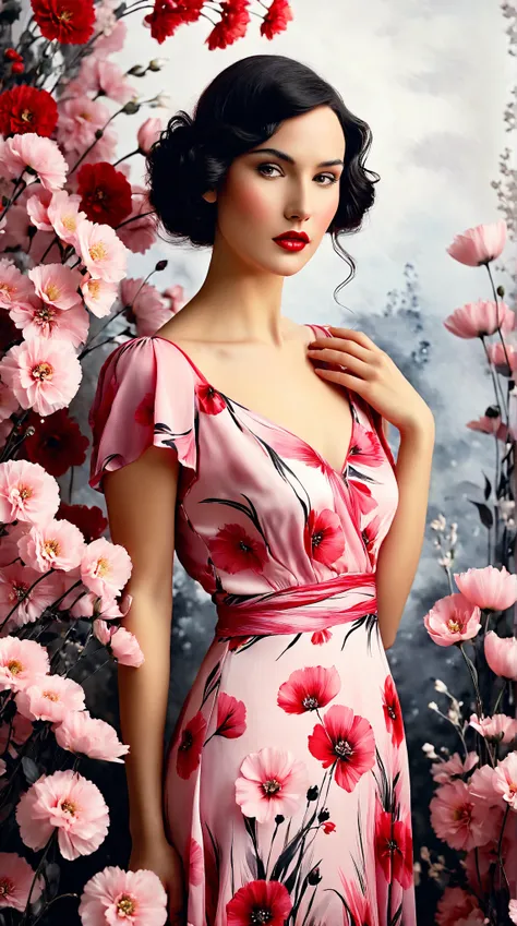 In a whimsical floral backdrop, a graceful European woman from the 1920s stands elegantly. Her delicate features are softly illuminated, framed by gentle waves of dark hair. She wears a flowing pink dress that billows lightly, enhancing her serene presence...