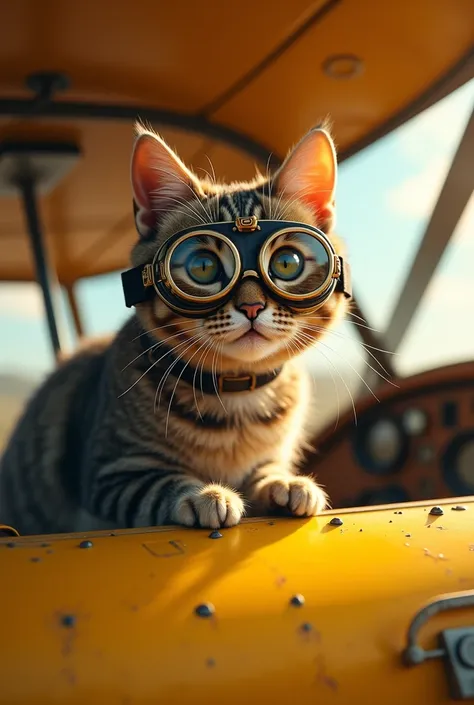 Un chat avec des lunette daviation dans un avion jaune 