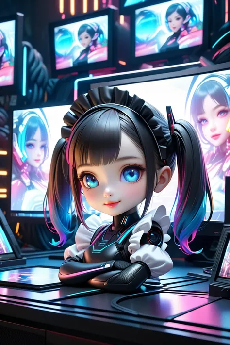 A cute maid with red twin tails hair in cyber space, surrounded by many holographic monitors, Ultra Chibi Style,girl smiling, cyberpunk, realistic, (best quality,4k,8k,highres,masterpiece:1.2),ultra-detailed,(realistic,photorealistic,photo-realistic:1.3),c...