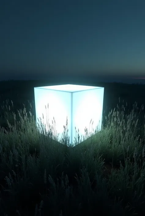 nighttime scene with a realistic field of wild grasses and plants illuminated by a glowing, white, cube-shaped light source. The fields natural textures and colors blend softly into the evening darkness, while the bright cube casts a stark, ethereal glow, ...