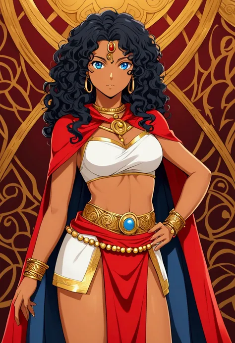 a women, tanned skin, black curly hair, red loincloth, gold bracelets, blue eyes, anime style, tanned skin, brown skin, cape behind her hips 