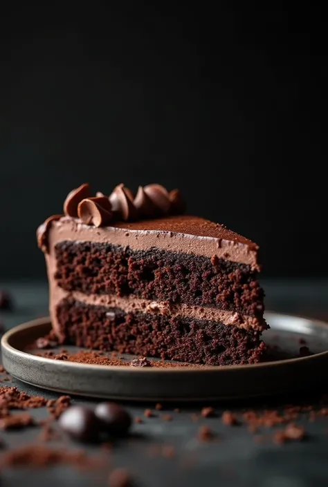 cinematic film still chocolate, chocolate cake, dark background, quality photo, moist texture, frosting, studio photo, slice . shallow depth of field, vignette, highly detailed, high budget, bokeh, cinemascope, moody, epic, gorgeous, film grain, grainy