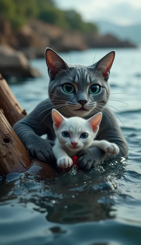  Shark with dark gray skin and black eyes trapped in wood debris,  struggling to let loose in the sea . Father muscular male cat ,  with its impeccable white coat ,  intense blue eyes and red shorts ,  swimming with the white-eyed kitten with green eyes in...