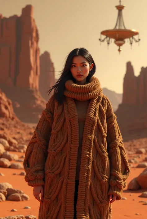 The woman is wearing a knitted large jacket with lots of cormans in brown and a chandelier and mountains against the background of the Martian desert 