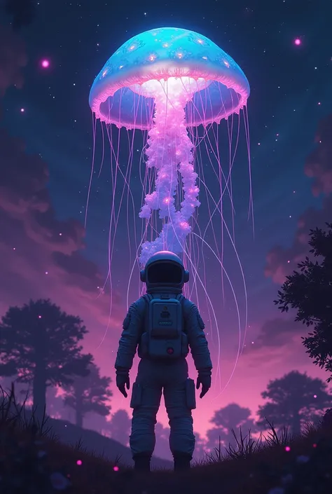  frame position , The frame position of an astronaut holding a colorful jellyfish in outer space , with a group of bao trees in the field by Pexel contest winner , Space Art, Space Jellyfish, The colors of the universe,  Amazing Space Creatures 4K , Space ...