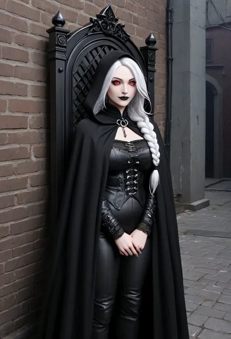 A goth girl with gothic attire and hooded cloak standing in a dark field surrounded by ravens, 1girl, gothic style, pale white skin, white hair, black lips, black make-up, black eyeball, red pupils, standing, dark alley, gloomy style, black leather pants, ...