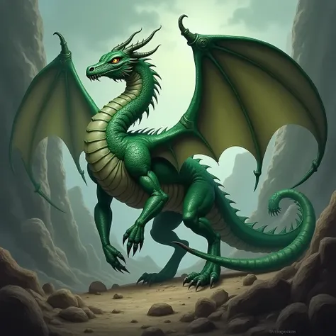 Create green-colored dragon , four-legged,  scorpion wings and tail 