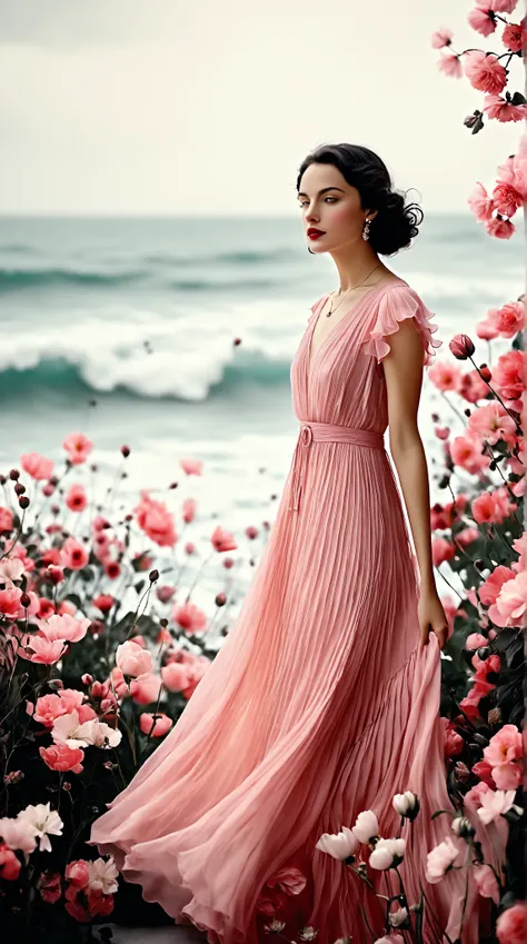 In a whimsical floral backdrop, a graceful European woman from the 1920s stands elegantly. Her delicate features are softly illuminated, framed by gentle waves of dark hair. She wears a flowing pink dress that billows lightly, enhancing her serene presence...