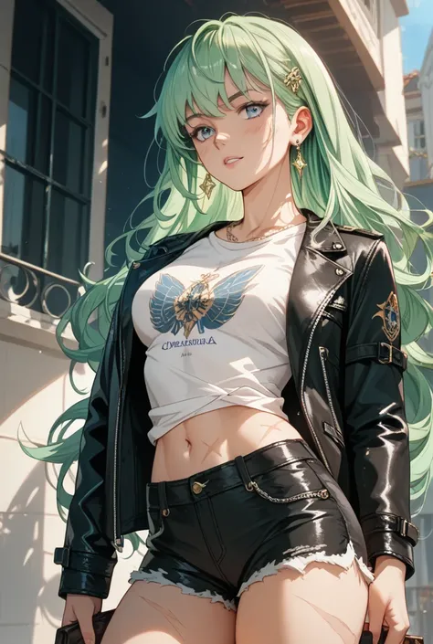 Girl with long green hair dark t-shirt dark shorts leather jacket with scars on her hands 9jos rojos lelan de sicatrices musculosa caderas medinas  y pechos medianos 