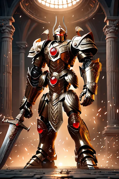 ultra quality, masterpiece, A full-body view of a colossal Roman-inspired gladiator robot, facing forward, with intricate bronze armor details and glowing red eyes. The robots design features Roman elements like a crested helmet, segmented armor, and one a...