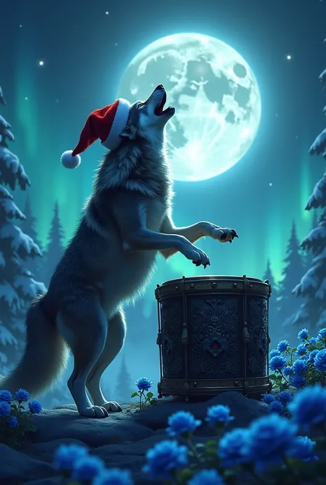 Wolf singing at drums wearing a santa hat, howling at moon, aurora borealis, blue roses in the background 