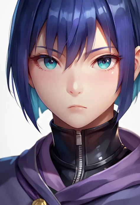 One woman, mature, female anime character, short black hair, four purple fins on the head,expressionless, black-purple cloak, black-purple tight bodysuit, pale, cyan eyes, black slim ankle boots, detailed anime character art, dark, facing center, close-up,...