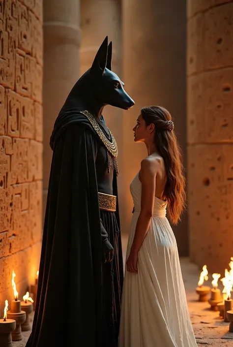 
Anubis, black jackal head and a dark cloak, is accompanied by a woman with long chestnut hair, dressed in a long flowing white gown
They are in an ancient temple setting with hieroglyphs on the walls and flickering torches