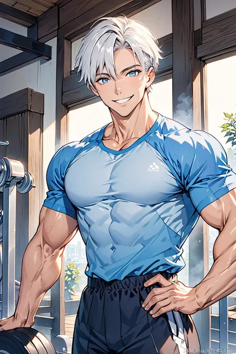  a man, Muscular from the gym,   High resolution , breasts, smile,   short straight hair  , Blue eyes,  White hair , Teeth, hot, handsome.

