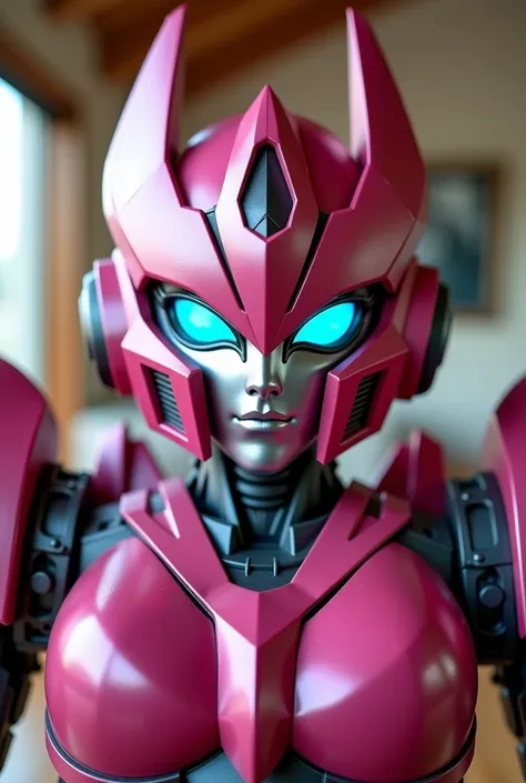  Arcee the autobot from transformers in the family room. Looking at and standing up super close to the camera like a selfie 
Arcee robot face
Dark pink metallic autobot 
Small cute smile
Massive  robot breasts
Beautiful eyes