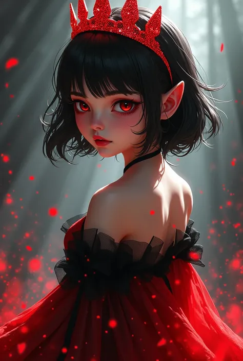 A demonic girl but look like an angel having a side view towards the viewer wearing red black hot dress without wings and with sparkle red crown with stone or Tiara 