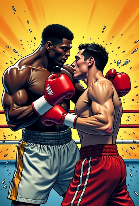 African-American boxer beating up a white boxer in comic style