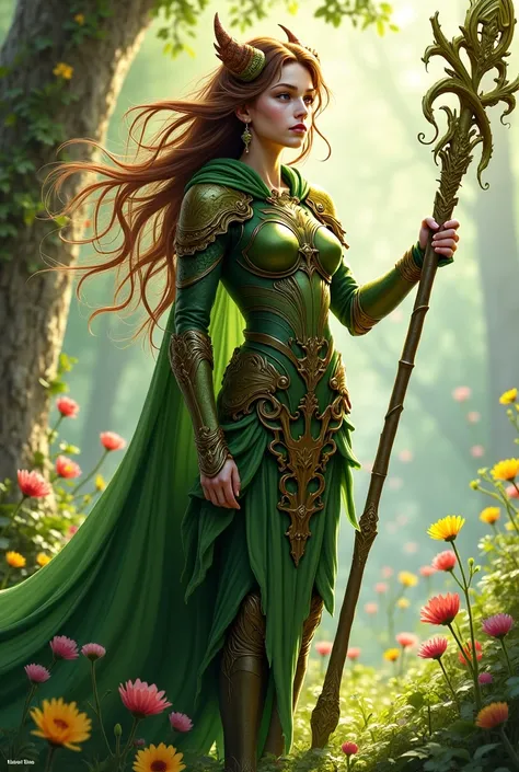 Dnd spring eladrin, druid, staff, wearing armour with flowers all over it. Leafy cloak.  No horns. Brown and green hair