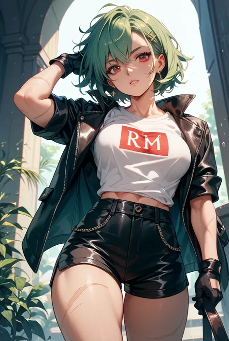 Girl with long green hair dark t-shirt dark shorts leather jacket with scars on her hands red eyes muscular medium breasts medium hips medium dark gloves 