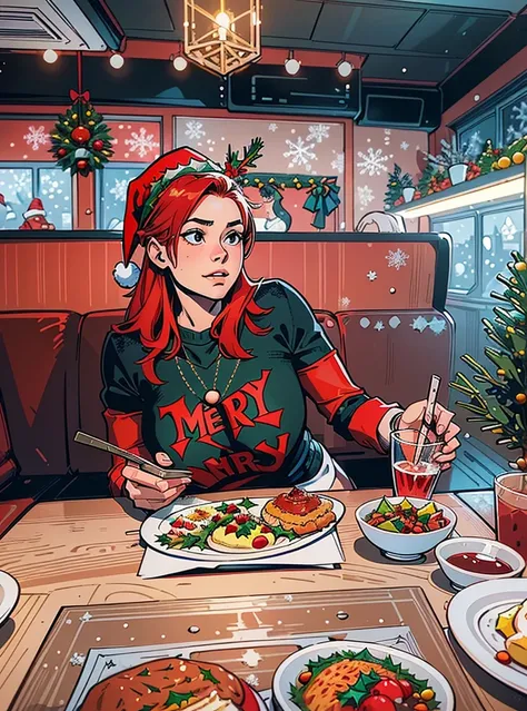 woman sitting at a table with a plate of food and a glass of water, photograph taken in 2 0 2 0, on a plate in a busy diner, taken in the early 2020s, having an awkward dinner date, taken in the late 2010s, standing in a restaurant, taken in 2022Christmas,...