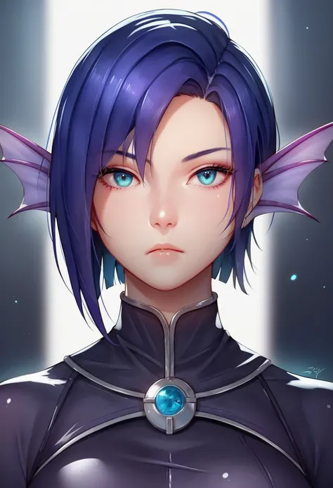 One woman, mature, female anime character, short black hair, four large purple fins on the head,expressionless, black-purple cloak, black-purple tight bodysuit, pale, cyan eyes, black slim ankle boots, detailed anime character art, dark, facing center, clo...